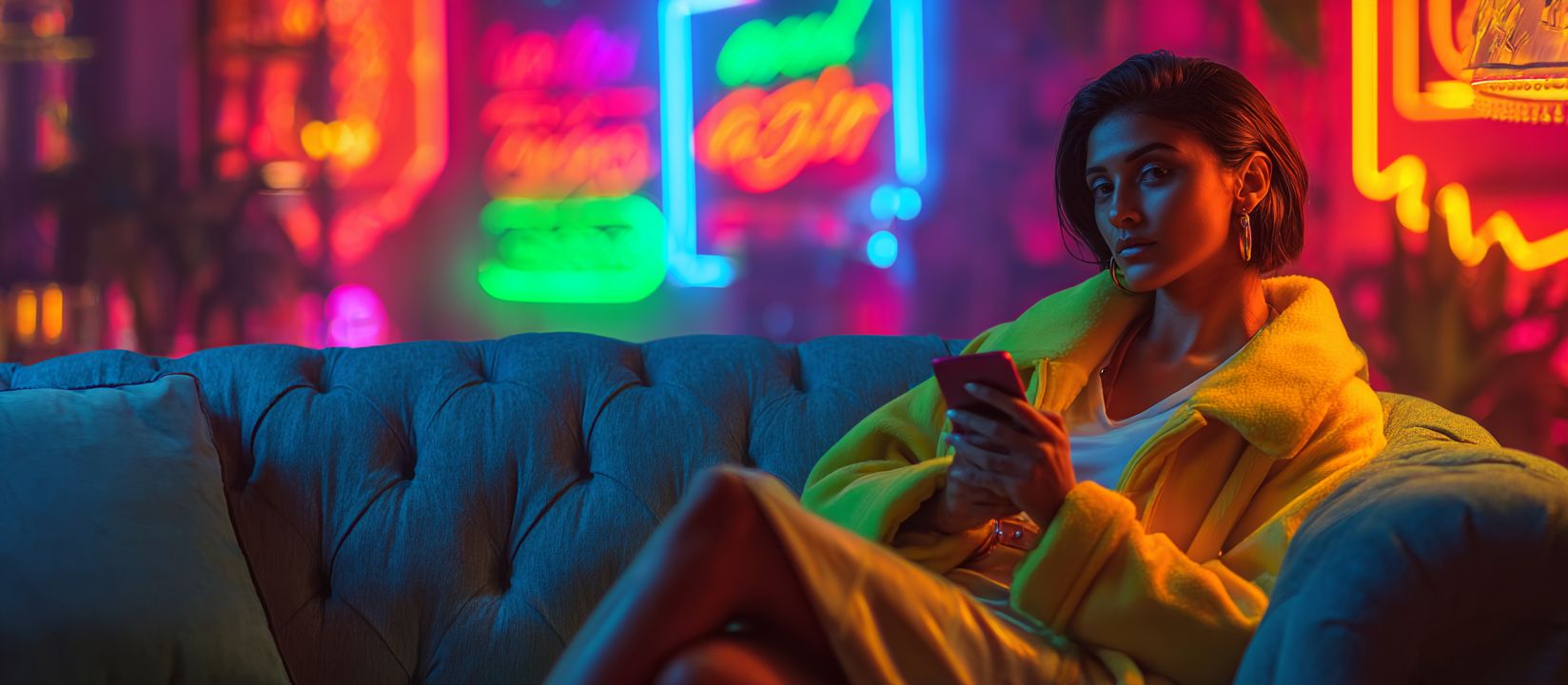 Download the 555WW3 App and play anywhere Stylish woman in neon casino lounge using smartphone for 555WW3 Casino mobile app