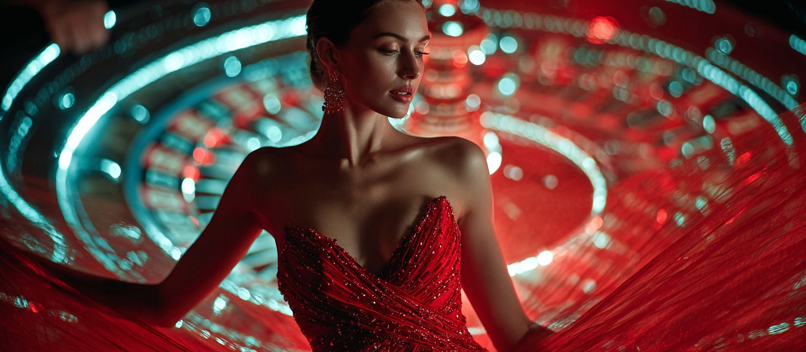 Enter 555WW3 Casino and experience real glamour Elegant woman in red sparkling dress posing in front of glowing roulette wheel at 555WW3 Casino