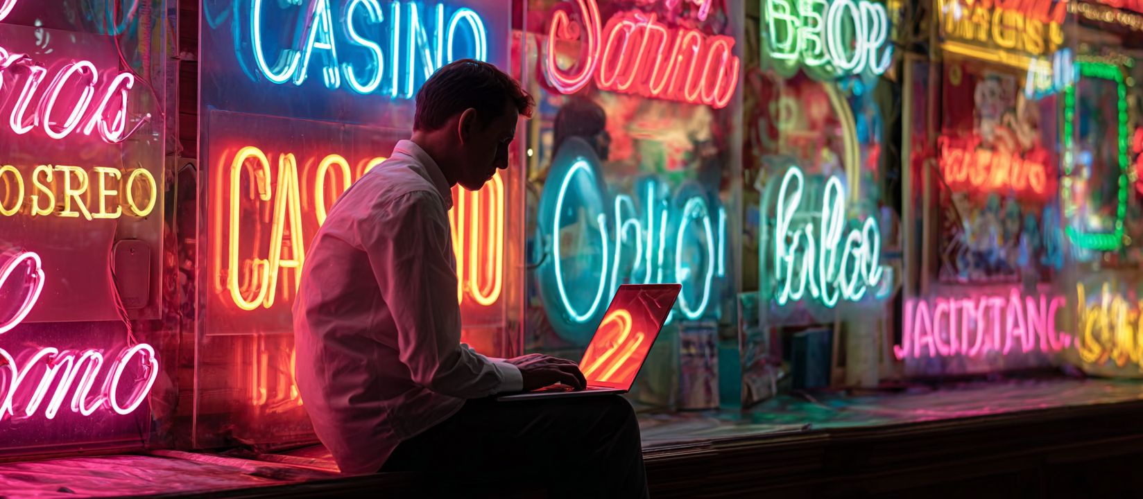 Play exciting online casino games at 555WW3 today Man with laptop surrounded by bright neon casino signs exploring online games at 555WW3