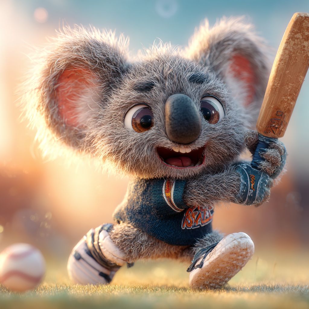 Bet on cricket and sports with 555WW3 for real winnings Adorable koala mascot playing cricket full of energy, symbolizing excitement of sports betting at 555WW3