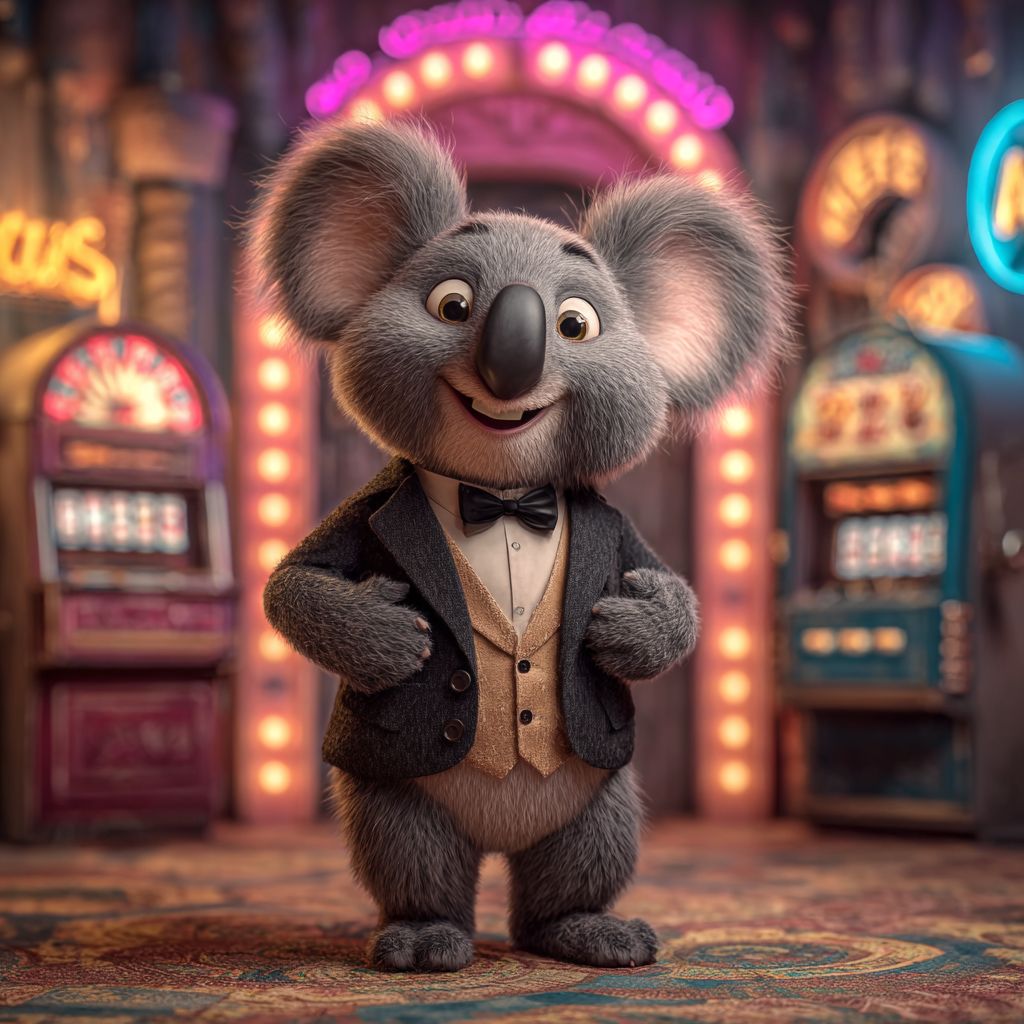 Enter 555WW3 Casino and enjoy luxury gaming experience Koala mascot in elegant tuxedo standing in glamorous 555WW3 casino with slot machines in the background