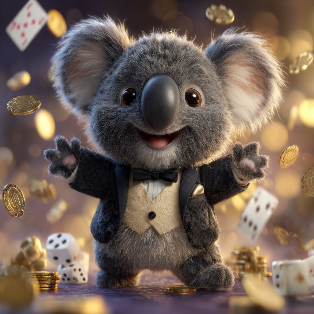 Play 555WW3 Casino Games and win big prizes now Happy koala mascot in tuxedo surrounded by flying gold coins, dice and playing cards at 555WW3 Casino games