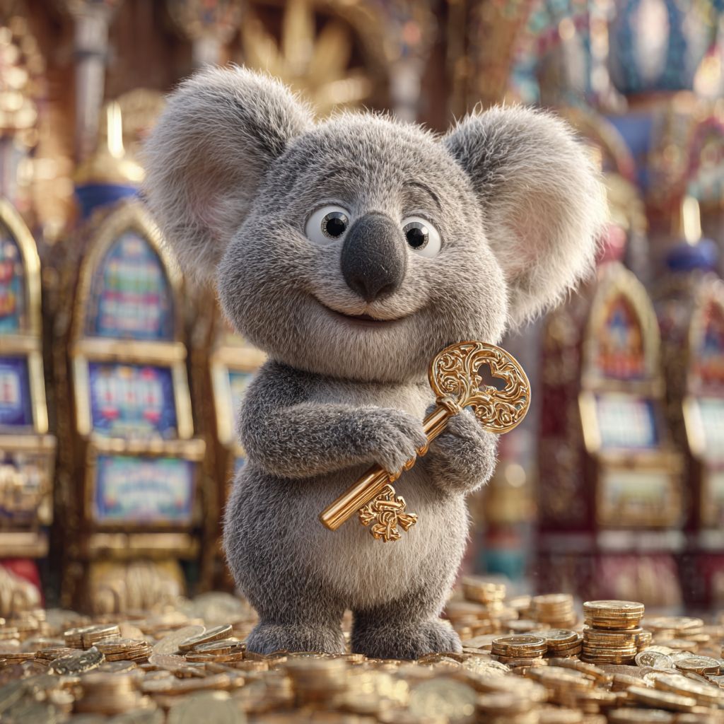 Login to 555WW3 Casino and unlock your rewards Smiling koala mascot holding golden key standing on coins, representing access to 555WW3 Casino