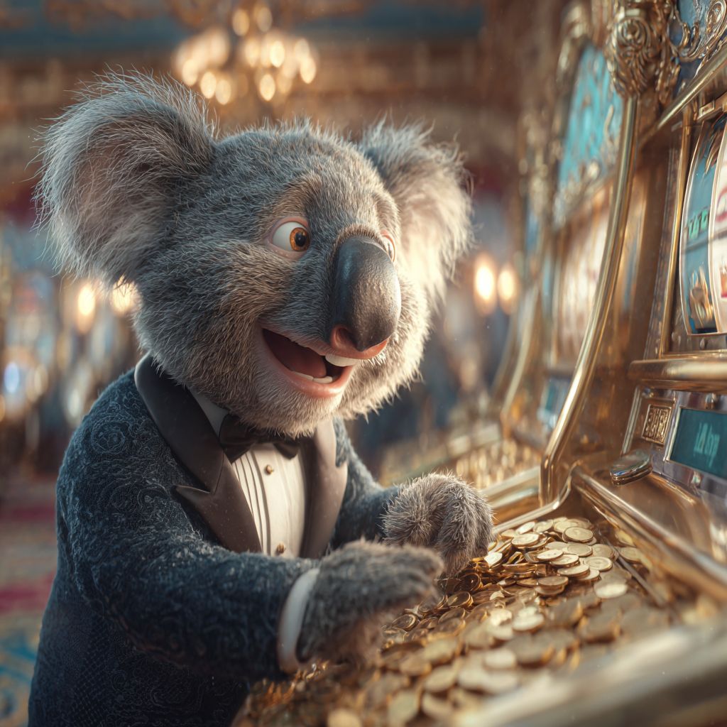 Spin the slots at 555WW3 Casino and hit the jackpot Excited koala mascot in tuxedo playing slot machine overflowing with gold coins at 555WW3