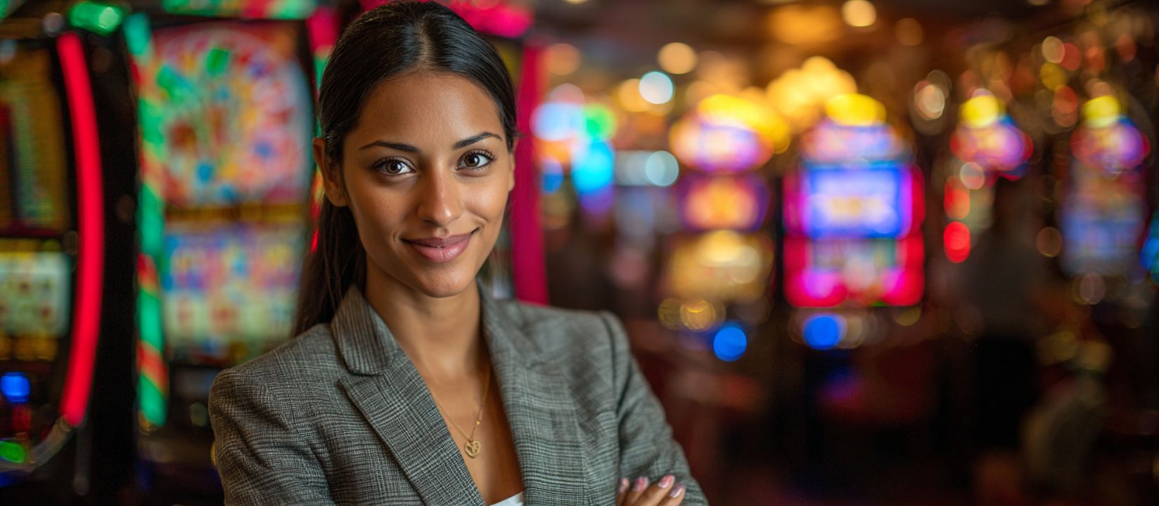 Login to 555WW3 Casino and start your winning journey Confident businesswoman smiling inside 555WW3 Casino with slot machines in the background