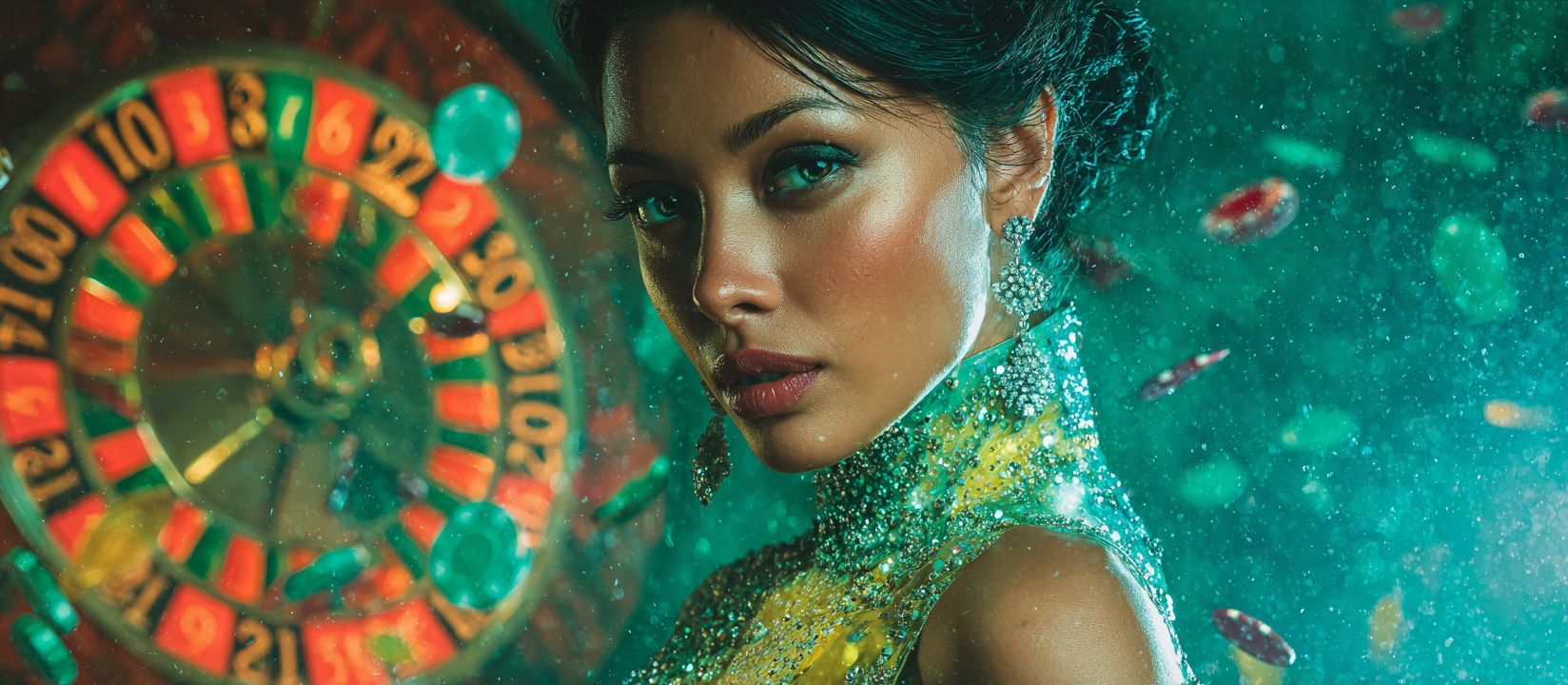 Join 555WW3 Casino and feel the thrill of roulette Glamorous woman in sparkling dress standing near roulette wheel with casino chips flying around at 555WW3 Casino