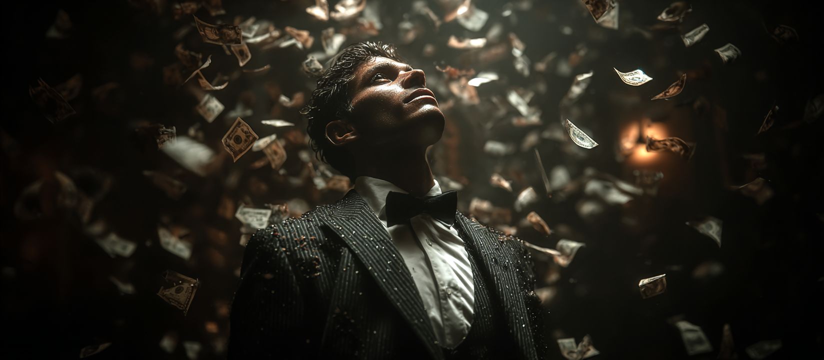 Play at 555WW3 Casino and win real cash rewards Elegant man in tuxedo surrounded by falling money celebrating big win at 555WW3 Casino