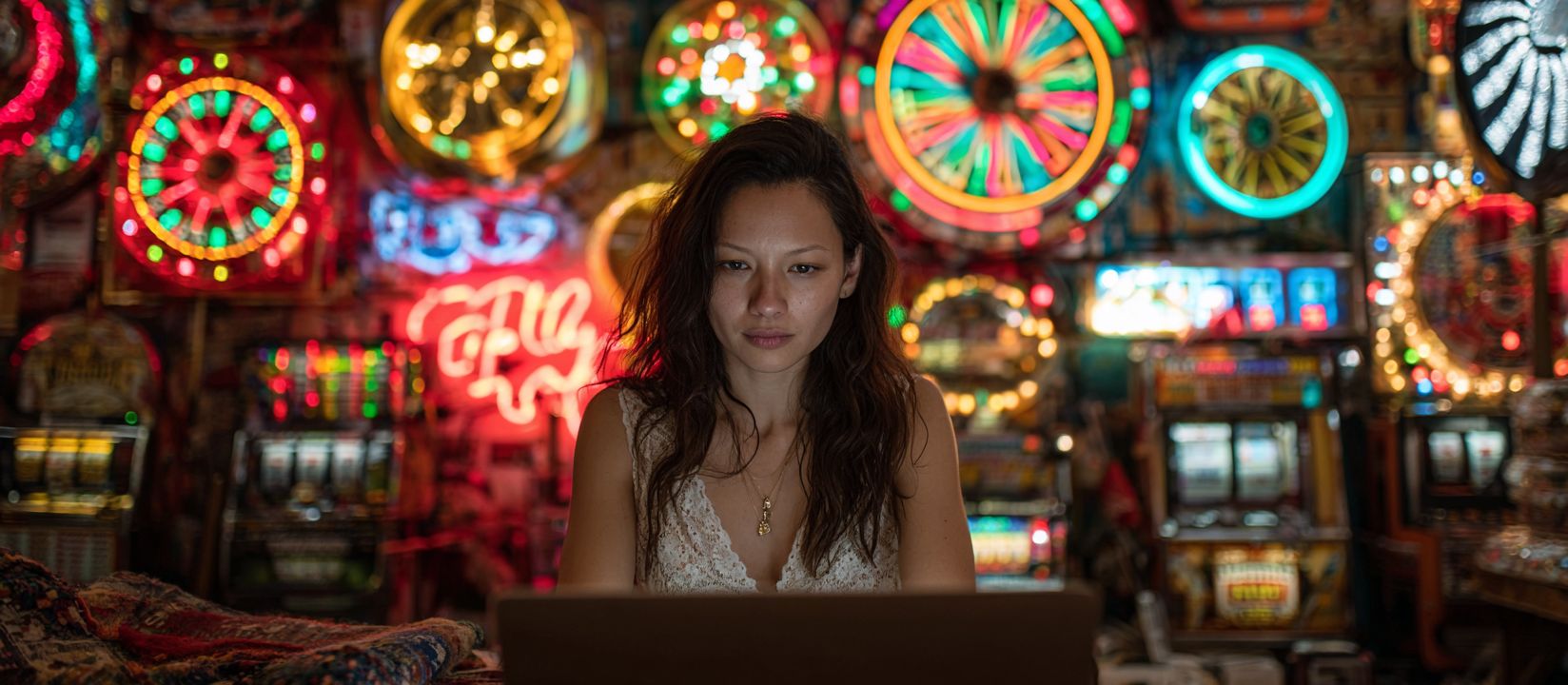 Spin the slots at 555WW3 Casino and win big prizes Young woman focused on laptop with colorful slot machines and roulette wheels glowing at 555WW3 Casino