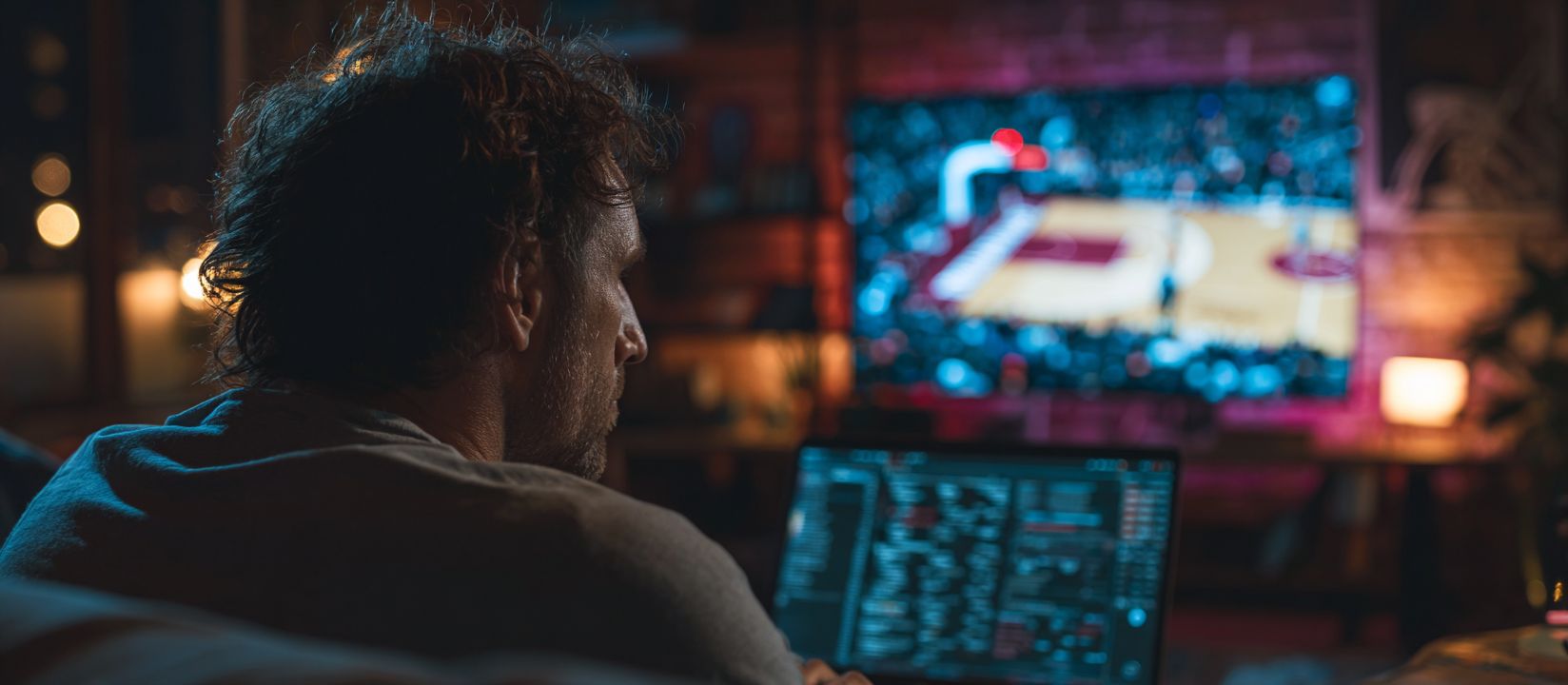Bet on sports with 555WW3 and enjoy real-time excitement Man watching live basketball game on TV while betting online with 555WW3 Sportsbook